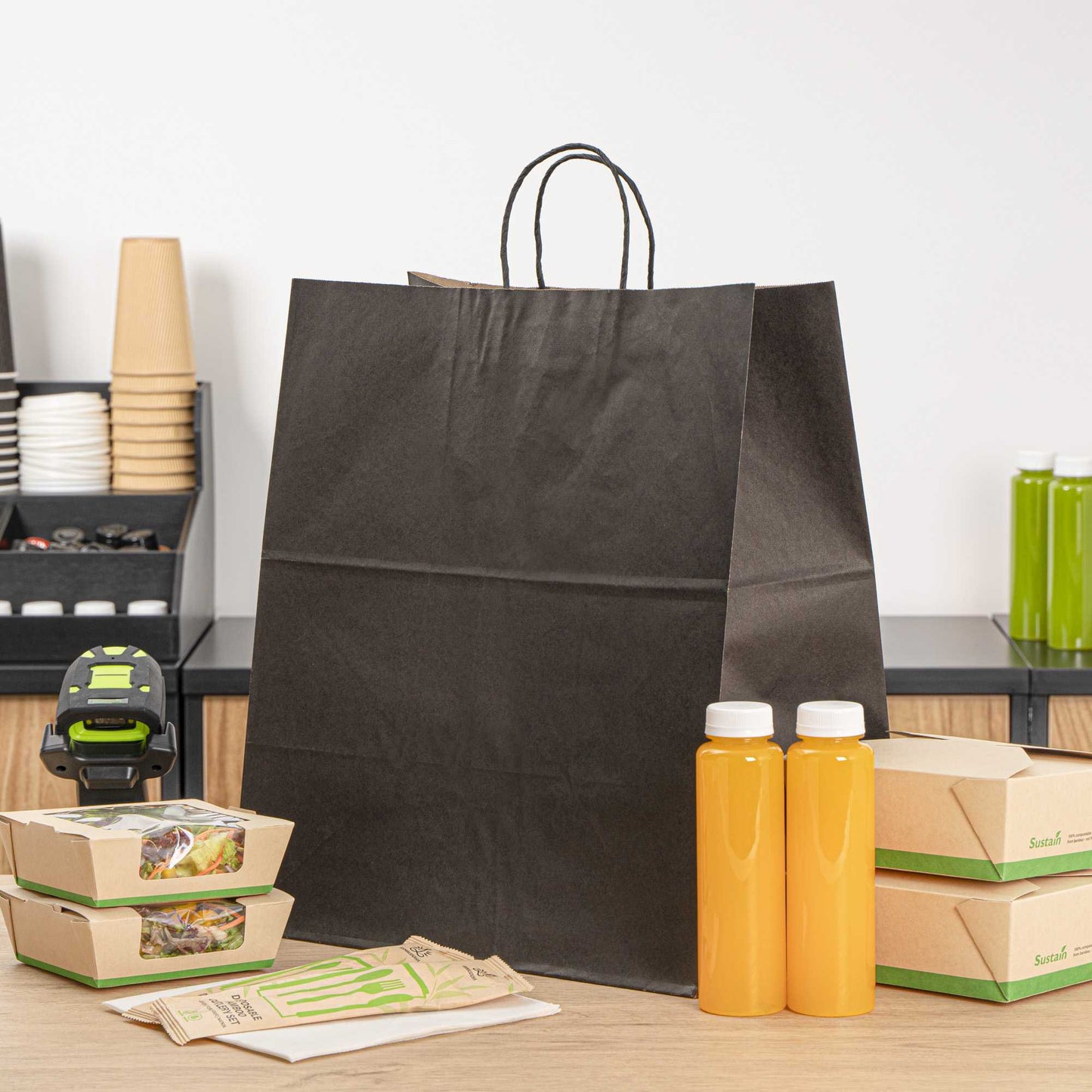 Saving Nature Black Paper Large Retail Bag - with Handles - 16" x 9 3/4" x 17 1/4" - 100 count box