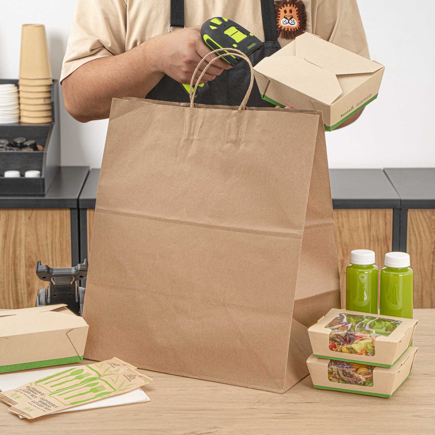 Saving Nature Kraft Paper Large Retail Bag - with Handles - 16" x 9 3/4" x 17 1/4" - 100 count box
