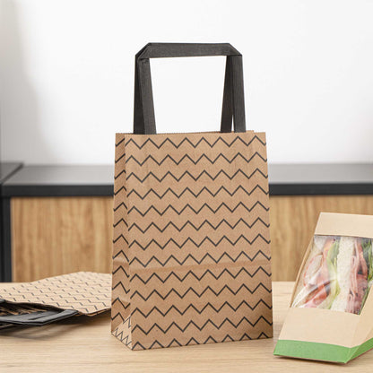 Saving Nature Kraft Paper Small Retail Bag - Black Zig Zag, with Handles - 6" x 3 1/4" x 8 1/4" - 100 count box