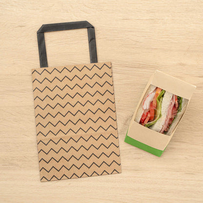 Saving Nature Kraft Paper Small Retail Bag - Black Zig Zag, with Handles - 6" x 3 1/4" x 8 1/4" - 100 count box