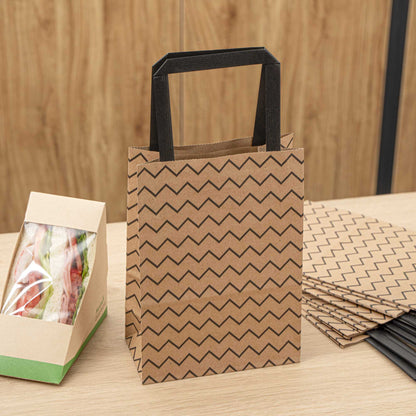 Saving Nature Kraft Paper Small Retail Bag - Black Zig Zag, with Handles - 6" x 3 1/4" x 8 1/4" - 100 count box