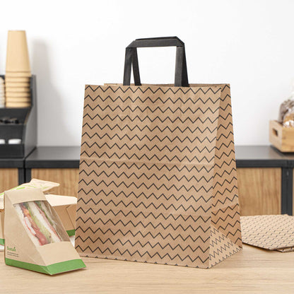Saving Nature Kraft Paper Medium Retail Bag - Black Zig Zag, with Handles - 10" x 6 3/4" x 12" - 100 count box