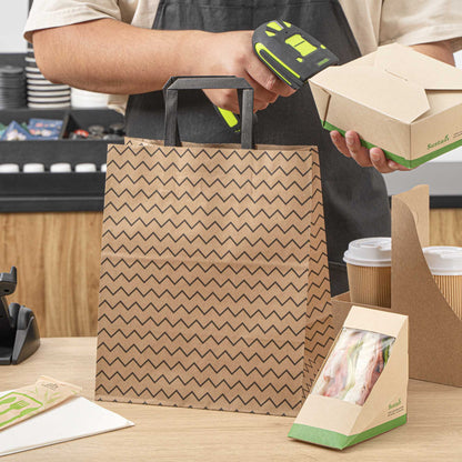 Saving Nature Kraft Paper Medium Retail Bag - Black Zig Zag, with Handles - 10" x 6 3/4" x 12" - 100 count box