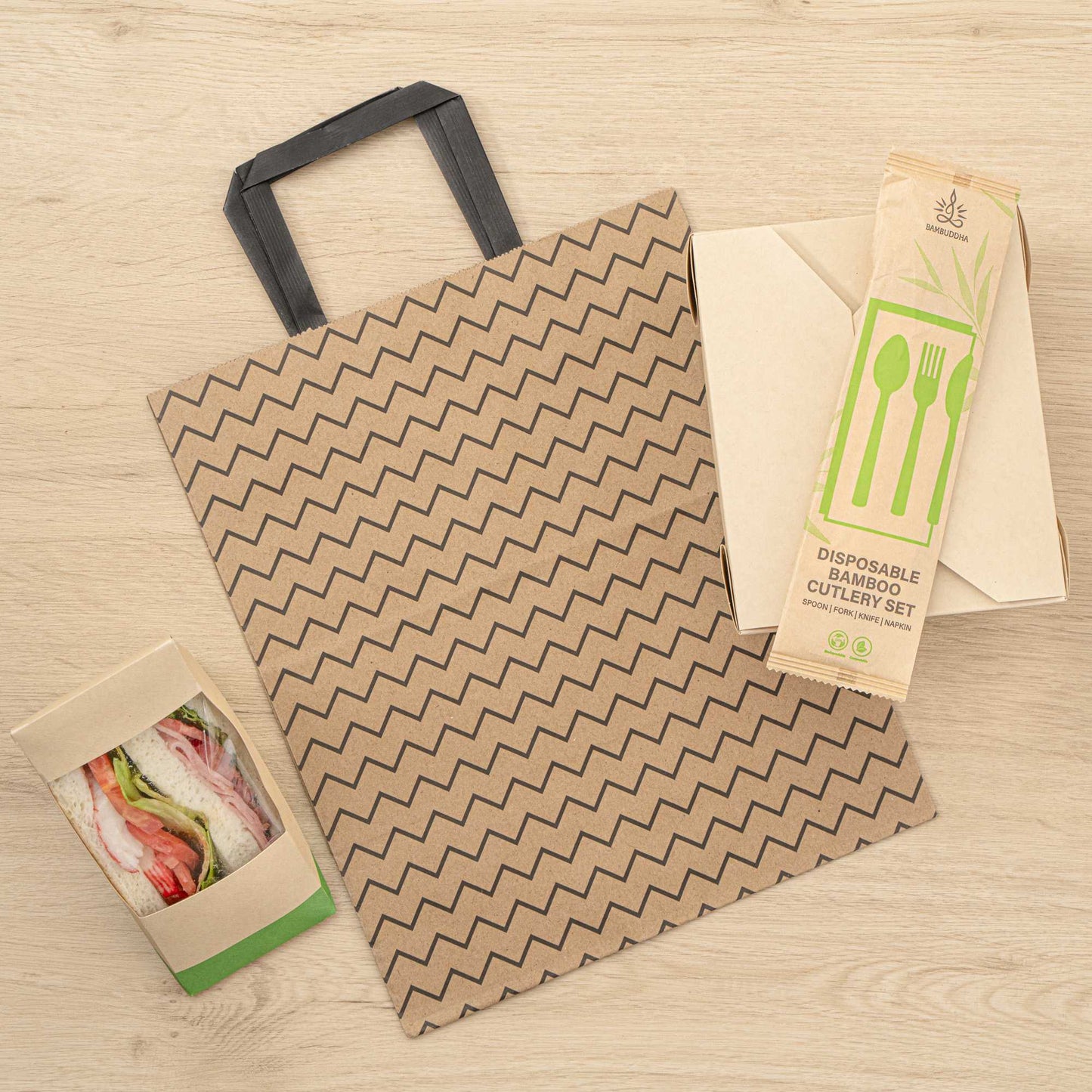 Saving Nature Kraft Paper Medium Retail Bag - Black Zig Zag, with Handles - 10" x 6 3/4" x 12" - 100 count box