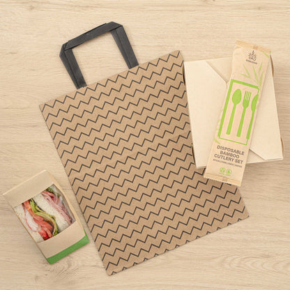 Saving Nature Kraft Paper Medium Retail Bag - Black Zig Zag, with Handles - 10" x 6 3/4" x 12" - 100 count box