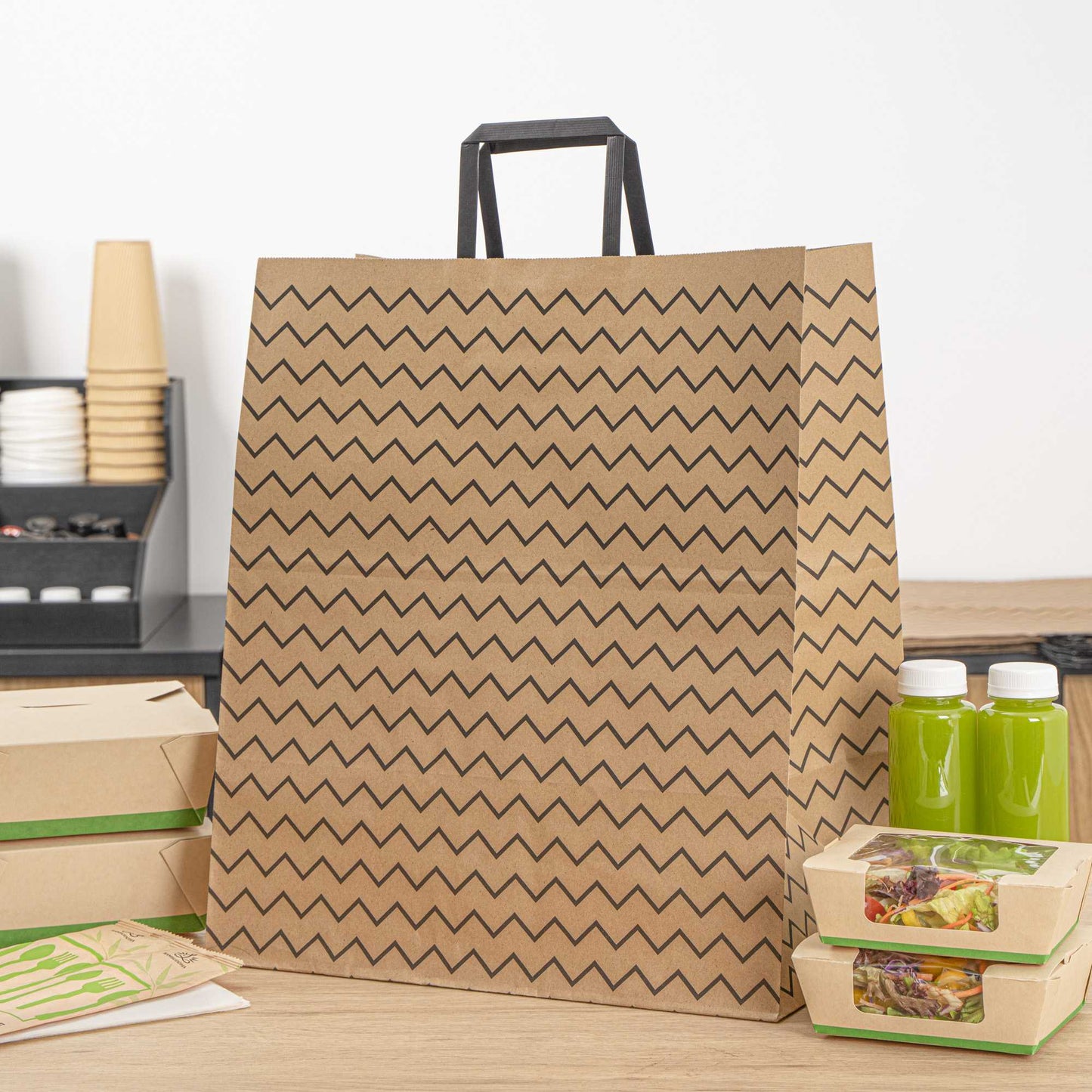 Saving Nature Kraft Paper Large Retail Bag - Black Zig Zag, with Handles - 16" x 9 3/4" x 17 1/4" - 100 count box