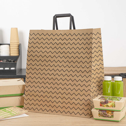 Saving Nature Kraft Paper Large Retail Bag - Black Zig Zag, with Handles - 16" x 9 3/4" x 17 1/4" - 100 count box