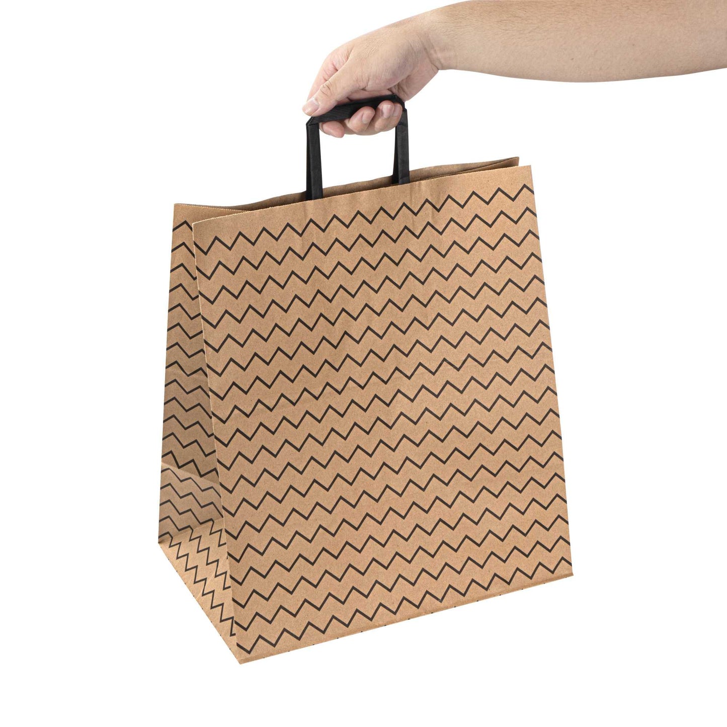 Saving Nature Kraft Paper Large Retail Bag - Black Zig Zag, with Handles - 16" x 9 3/4" x 17 1/4" - 100 count box