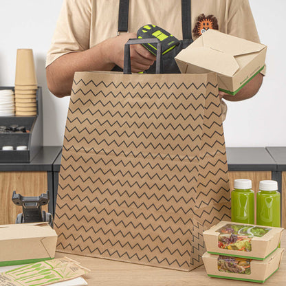 Saving Nature Kraft Paper Large Retail Bag - Black Zig Zag, with Handles - 16" x 9 3/4" x 17 1/4" - 100 count box