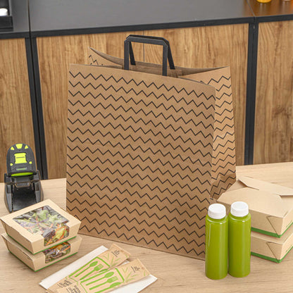 Saving Nature Kraft Paper Large Retail Bag - Black Zig Zag, with Handles - 16" x 9 3/4" x 17 1/4" - 100 count box