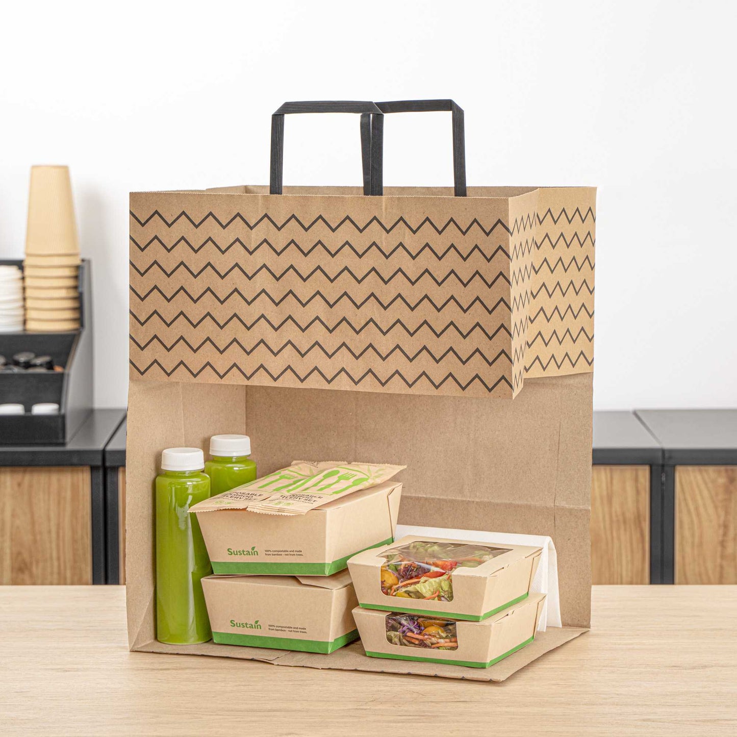 Saving Nature Kraft Paper Large Retail Bag - Black Zig Zag, with Handles - 16" x 9 3/4" x 17 1/4" - 100 count box