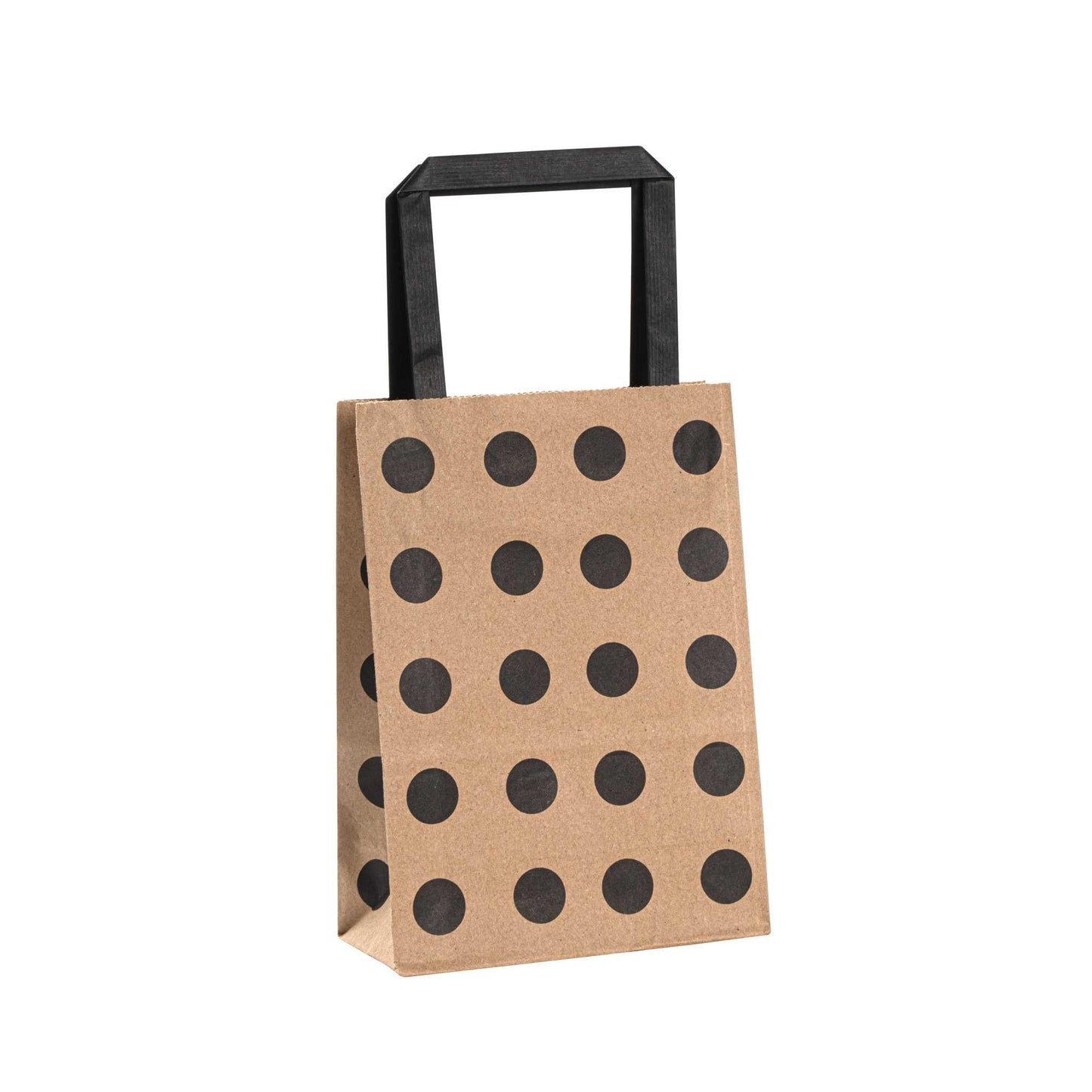 Saving Nature Kraft Paper Small Retail Bag - Black Polka Dot, with Handles - 6" x 3 1/4" x 8 1/4" - 100 count box