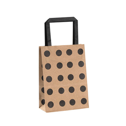 Saving Nature Kraft Paper Small Retail Bag - Black Polka Dot, with Handles - 6" x 3 1/4" x 8 1/4" - 100 count box