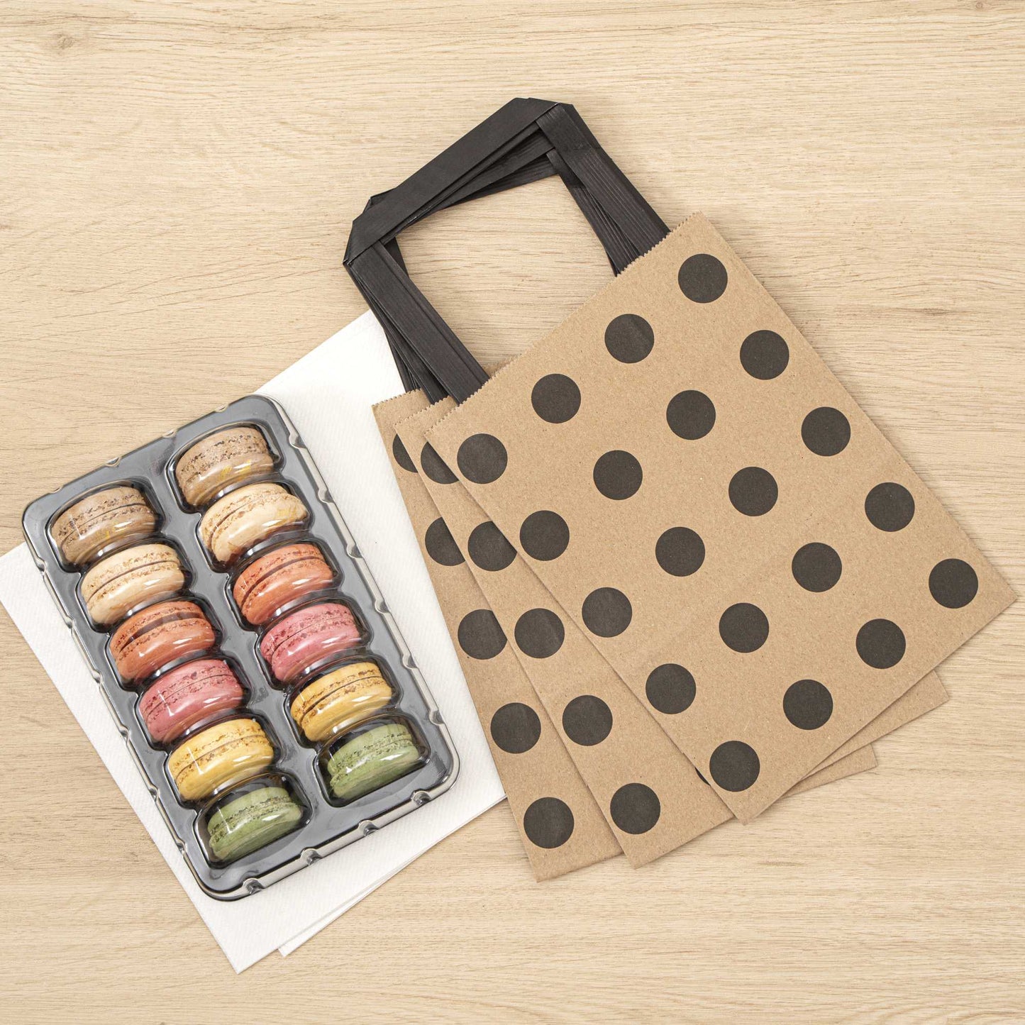 Saving Nature Kraft Paper Small Retail Bag - Black Polka Dot, with Handles - 6" x 3 1/4" x 8 1/4" - 100 count box