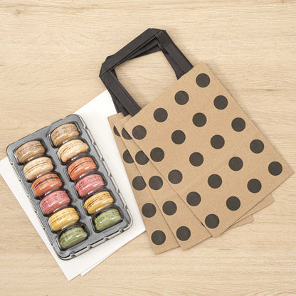 Saving Nature Kraft Paper Small Retail Bag - Black Polka Dot, with Handles - 6" x 3 1/4" x 8 1/4" - 100 count box