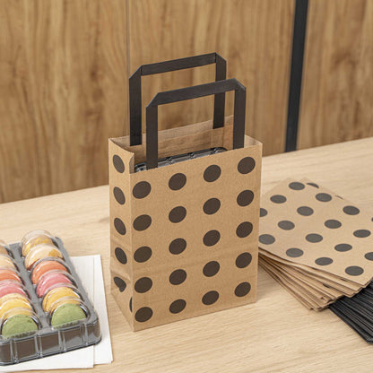 Saving Nature Kraft Paper Small Retail Bag - Black Polka Dot, with Handles - 6" x 3 1/4" x 8 1/4" - 100 count box