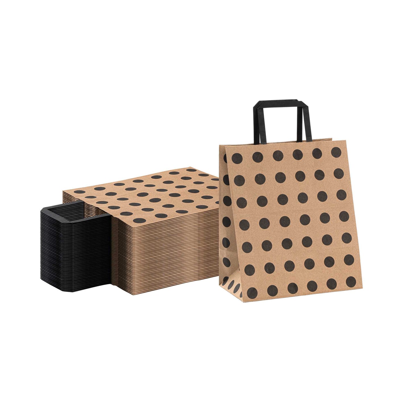 Saving Nature Kraft Paper Medium Retail Bag - Black Polka Dot, with Handles - 10" x 6 3/4" x 12" - 100 count box