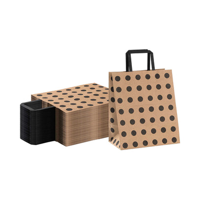 Saving Nature Kraft Paper Medium Retail Bag - Black Polka Dot, with Handles - 10" x 6 3/4" x 12" - 100 count box