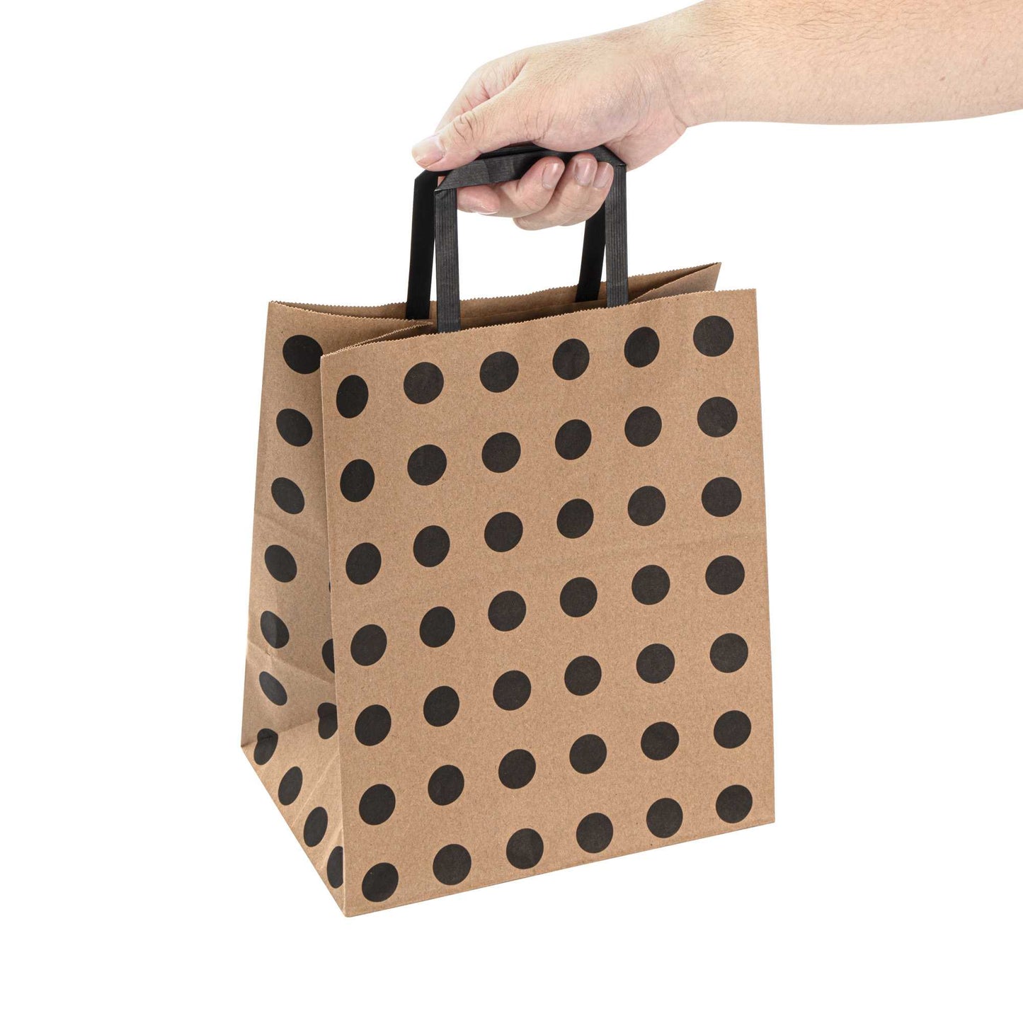 Saving Nature Kraft Paper Medium Retail Bag - Black Polka Dot, with Handles - 10" x 6 3/4" x 12" - 100 count box