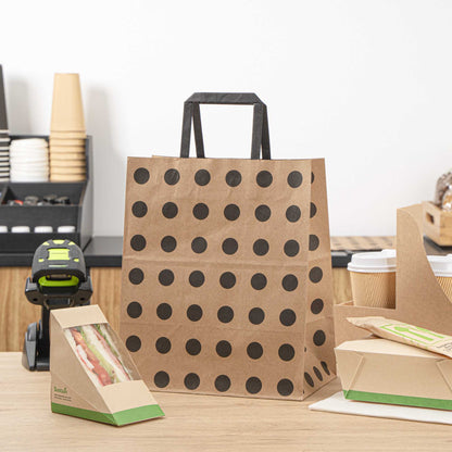 Saving Nature Kraft Paper Medium Retail Bag - Black Polka Dot, with Handles - 10" x 6 3/4" x 12" - 100 count box