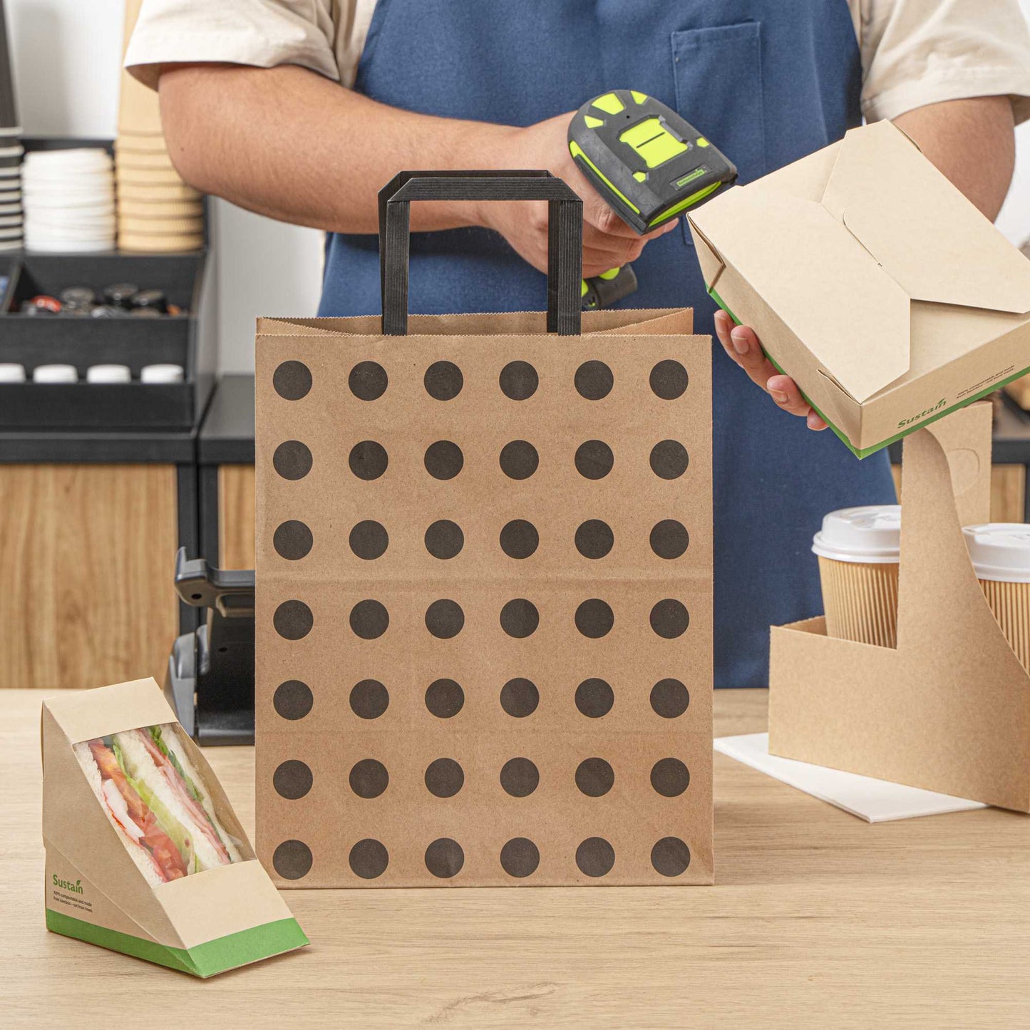 Saving Nature Kraft Paper Medium Retail Bag - Black Polka Dot, with Handles - 10" x 6 3/4" x 12" - 100 count box