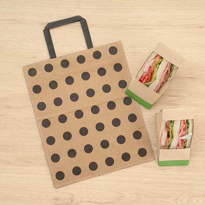 Saving Nature Kraft Paper Medium Retail Bag - Black Polka Dot, with Handles - 10" x 6 3/4" x 12" - 100 count box