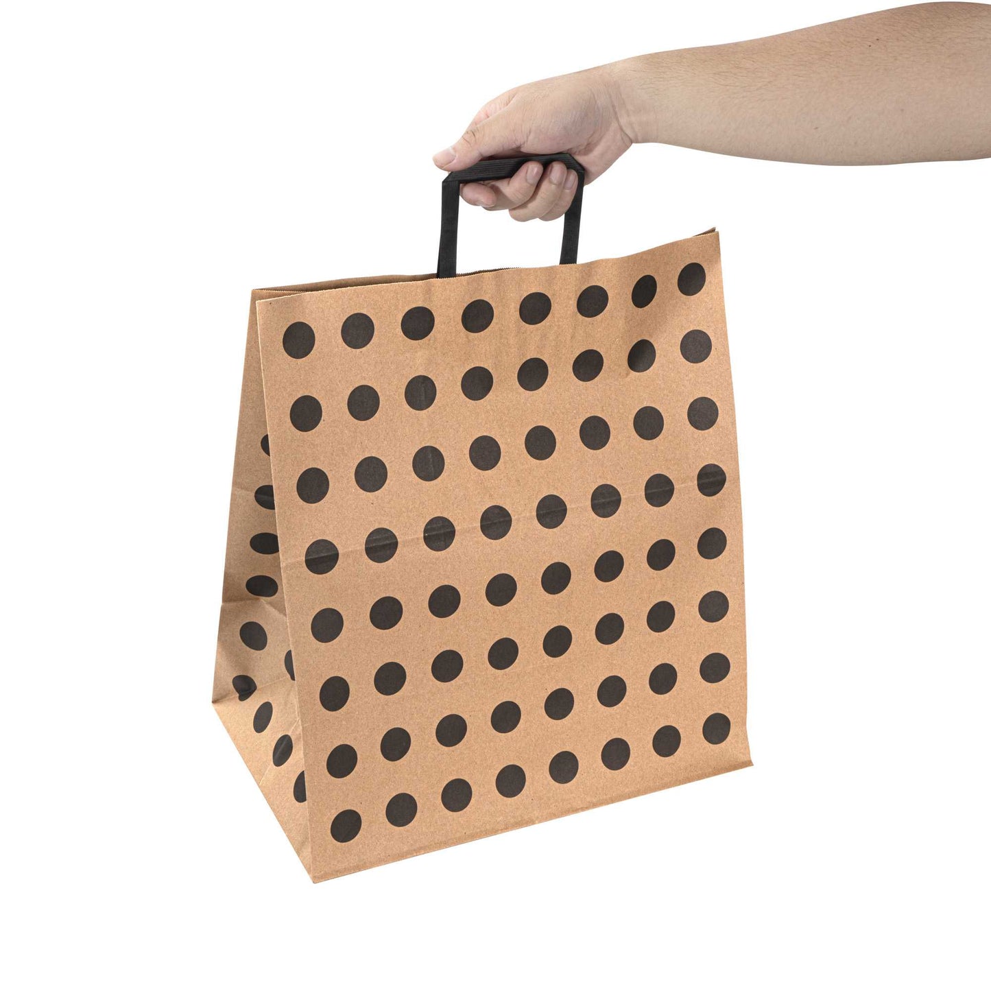 Saving Nature Kraft Paper Large Retail Bag - Black Polka Dot, with Handles - 16" x 9 3/4" x 17 1/4" - 100 count box