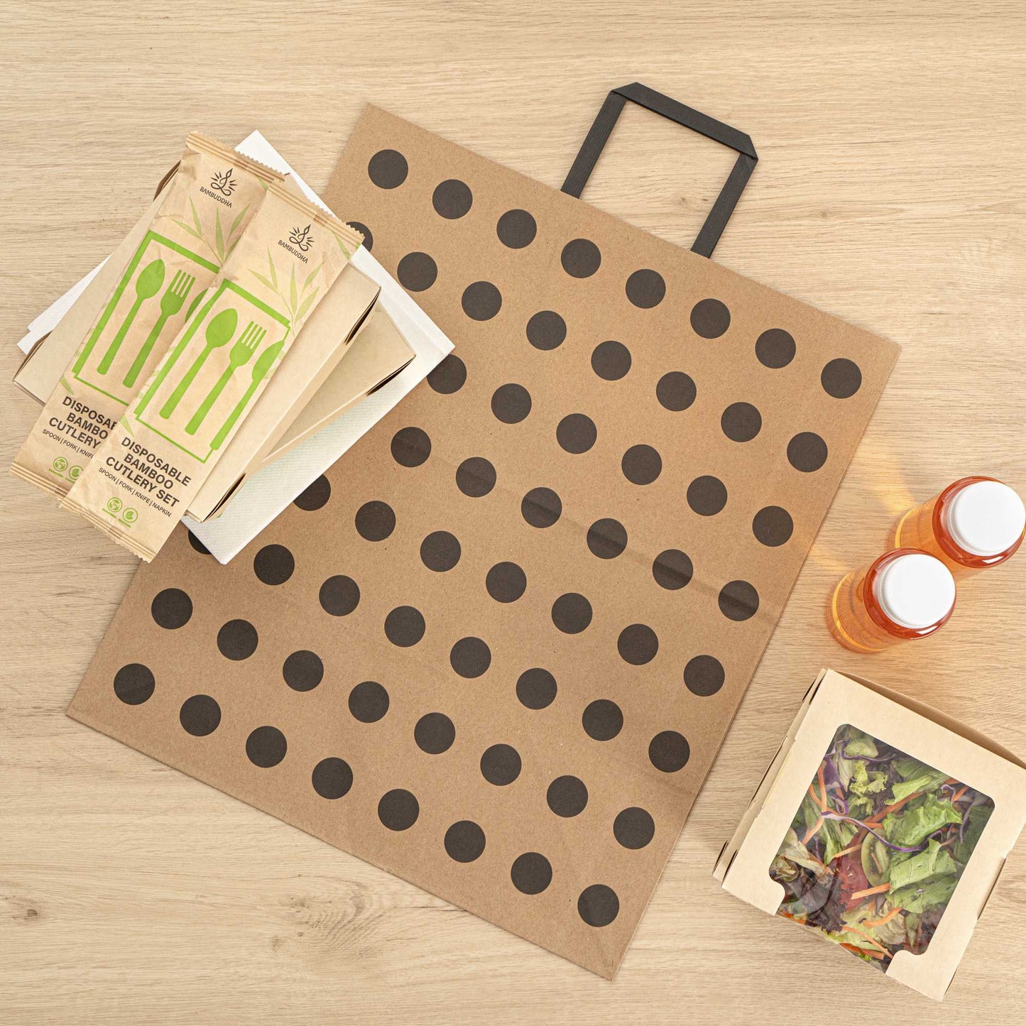 Saving Nature Kraft Paper Large Retail Bag - Black Polka Dot, with Handles - 16" x 9 3/4" x 17 1/4" - 100 count box