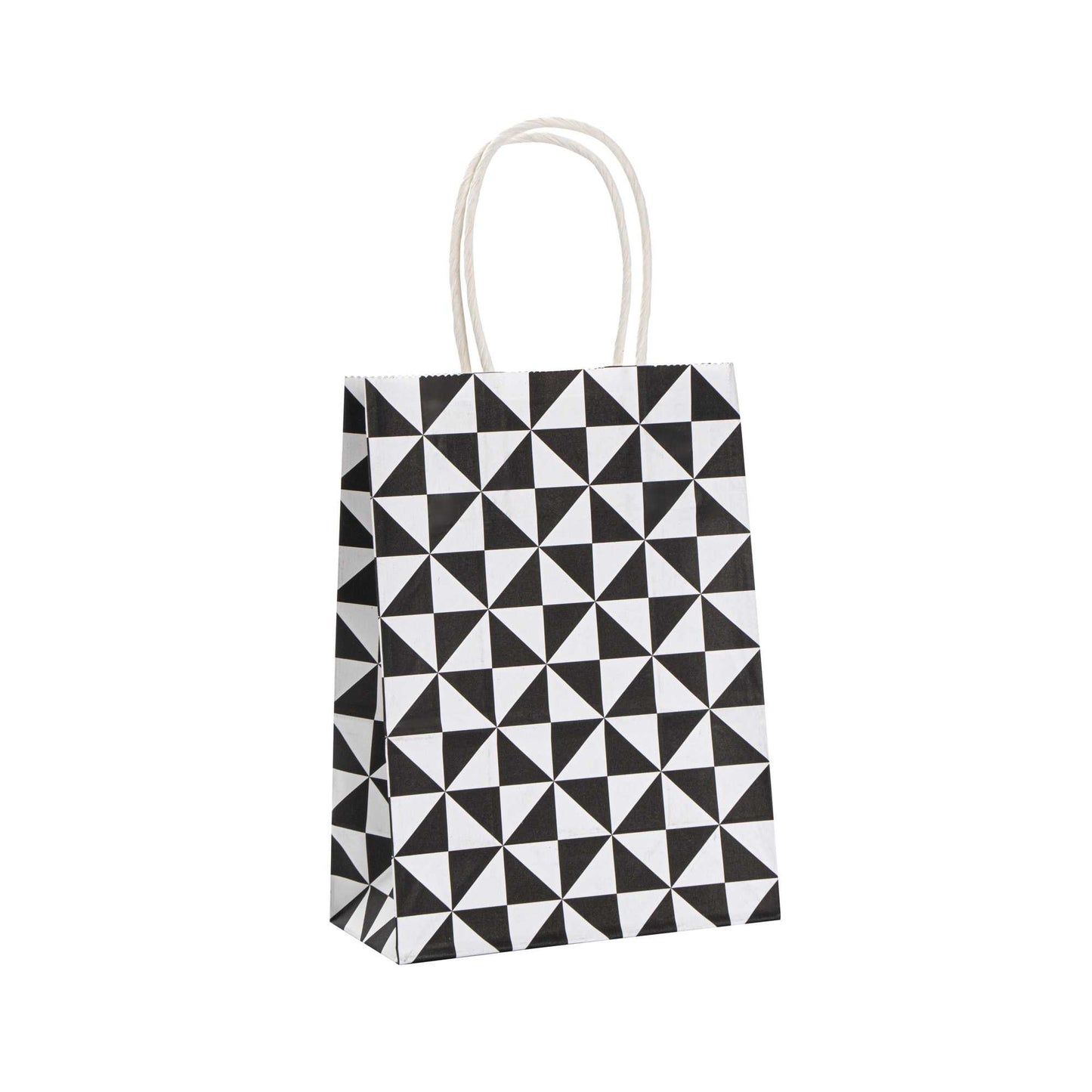 Vogue White Paper Small Shopping Bag - Black Geo Print, with Handles - 6" x 3 1/4" x 8 1/4" - 100 count box