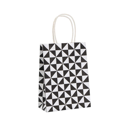 Vogue White Paper Small Shopping Bag - Black Geo Print, with Handles - 6" x 3 1/4" x 8 1/4" - 100 count box