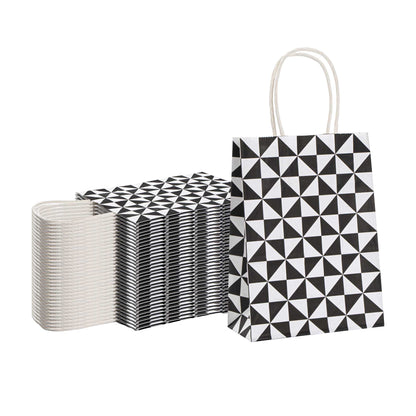 Vogue White Paper Small Shopping Bag - Black Geo Print, with Handles - 6" x 3 1/4" x 8 1/4" - 100 count box