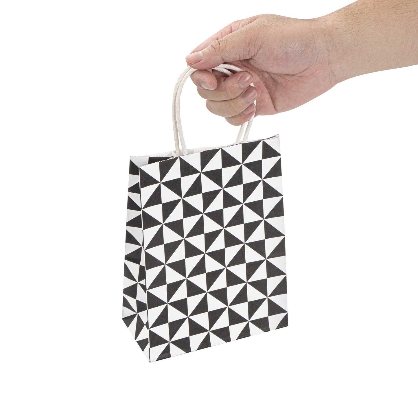 Vogue White Paper Small Shopping Bag - Black Geo Print, with Handles - 6" x 3 1/4" x 8 1/4" - 100 count box
