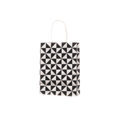 Vogue White Paper Small Shopping Bag - Black Geo Print, with Handles - 6" x 3 1/4" x 8 1/4" - 100 count box