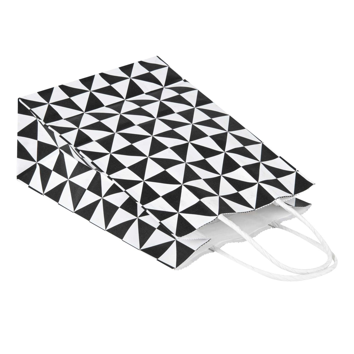 Vogue White Paper Small Shopping Bag - Black Geo Print, with Handles - 6" x 3 1/4" x 8 1/4" - 100 count box