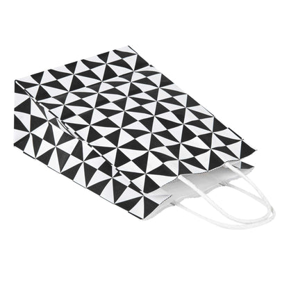Vogue White Paper Small Shopping Bag - Black Geo Print, with Handles - 6" x 3 1/4" x 8 1/4" - 100 count box