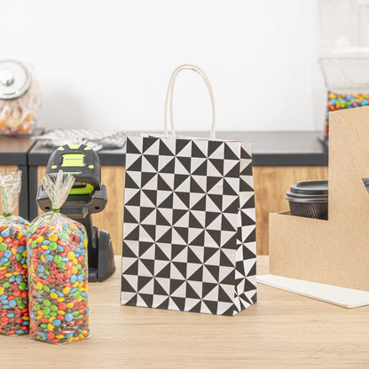 Vogue White Paper Small Shopping Bag - Black Geo Print, with Handles - 6" x 3 1/4" x 8 1/4" - 100 count box