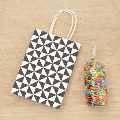 Vogue White Paper Small Shopping Bag - Black Geo Print, with Handles - 6" x 3 1/4" x 8 1/4" - 100 count box