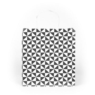 Vogue White Paper Medium Shopping Bag - Black Geo Print, with Handles - 10" x 6 3/4" x 12" - 100 count box