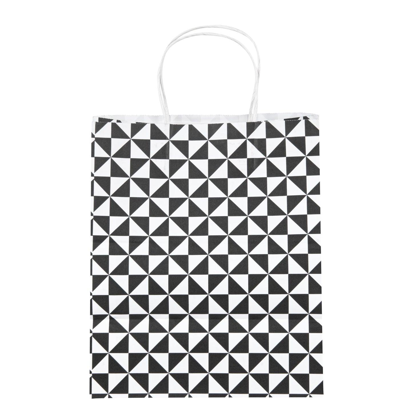 Vogue White Paper Medium Shopping Bag - Black Geo Print, with Handles - 10" x 6 3/4" x 12" - 100 count box