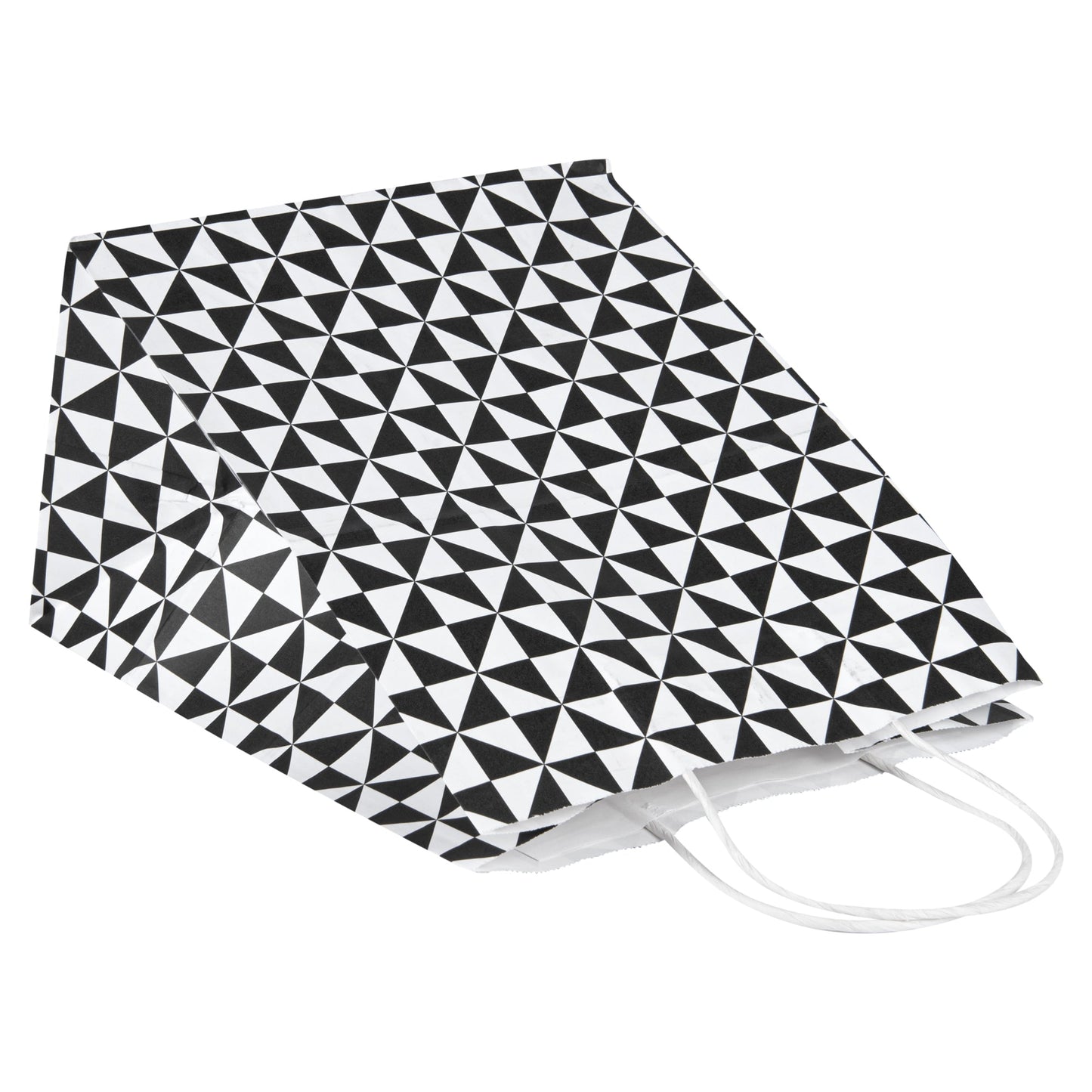 Vogue White Paper Medium Shopping Bag - Black Geo Print, with Handles - 10" x 6 3/4" x 12" - 100 count box