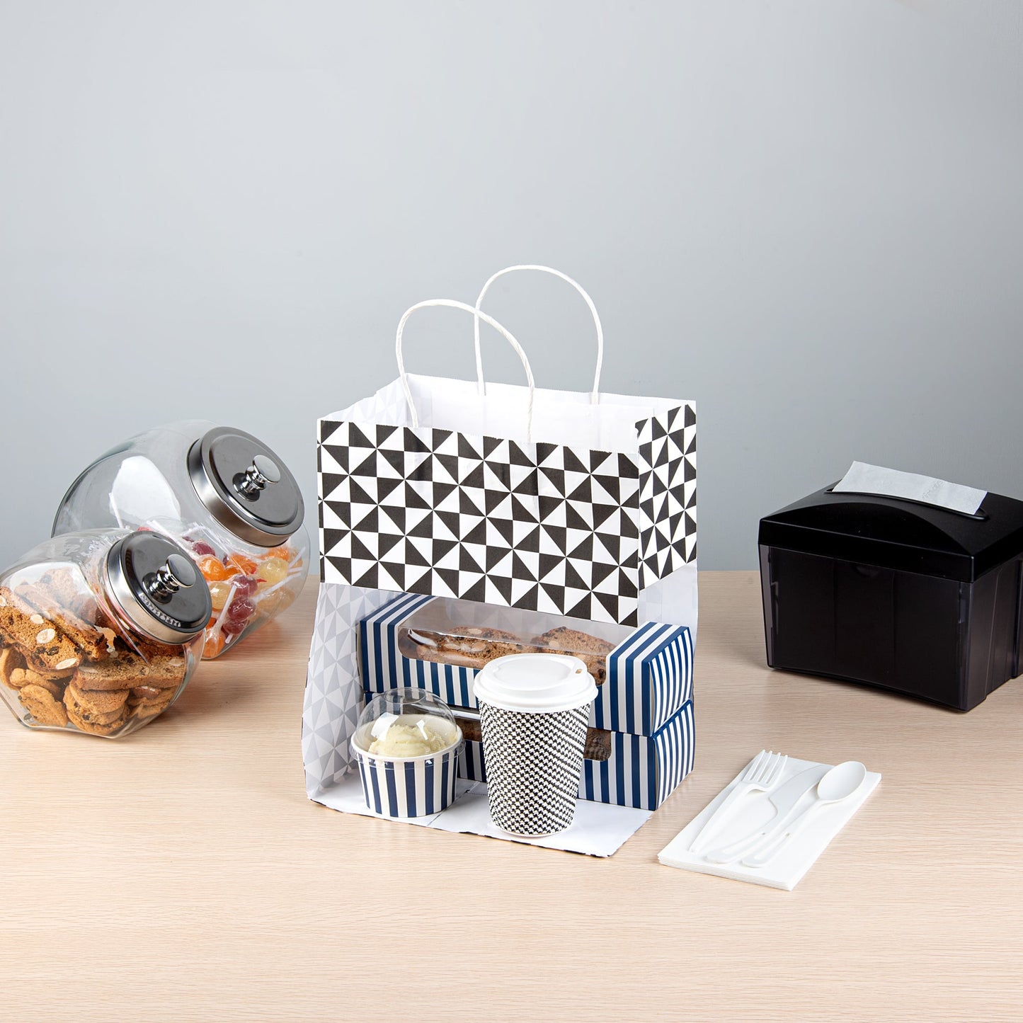 Vogue White Paper Medium Shopping Bag - Black Geo Print, with Handles - 10" x 6 3/4" x 12" - 100 count box