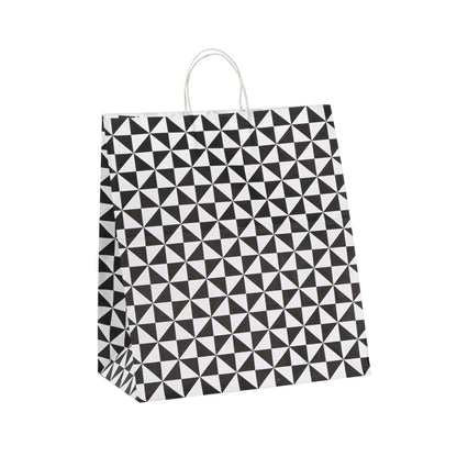 Vogue White Paper Large Shopping Bag - Black Geo Print, with Handles - 16" x 9 3/4" x 17 1/4" - 100 count box