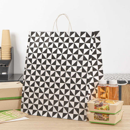 Vogue White Paper Large Shopping Bag - Black Geo Print, with Handles - 16" x 9 3/4" x 17 1/4" - 100 count box