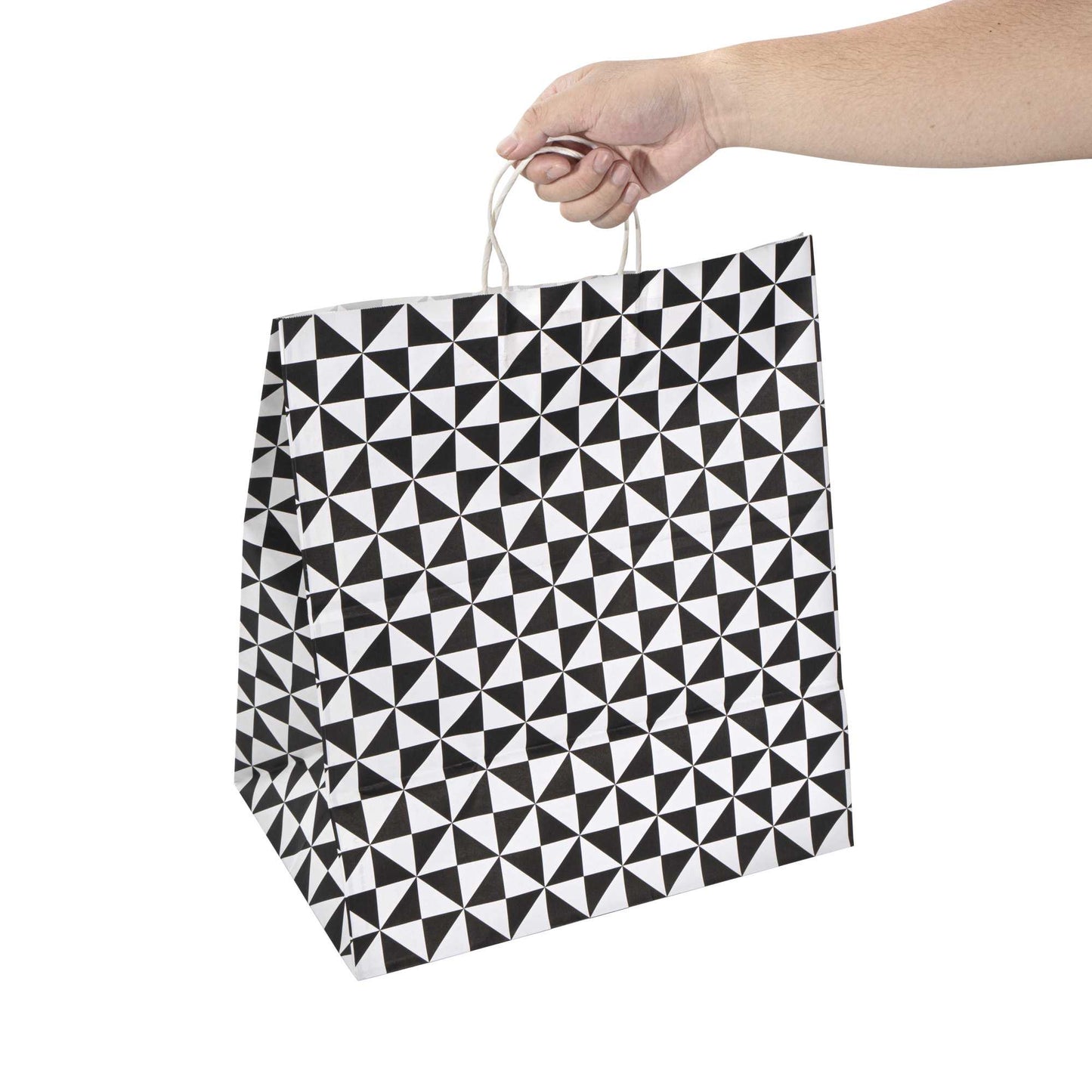 Vogue White Paper Large Shopping Bag - Black Geo Print, with Handles - 16" x 9 3/4" x 17 1/4" - 100 count box