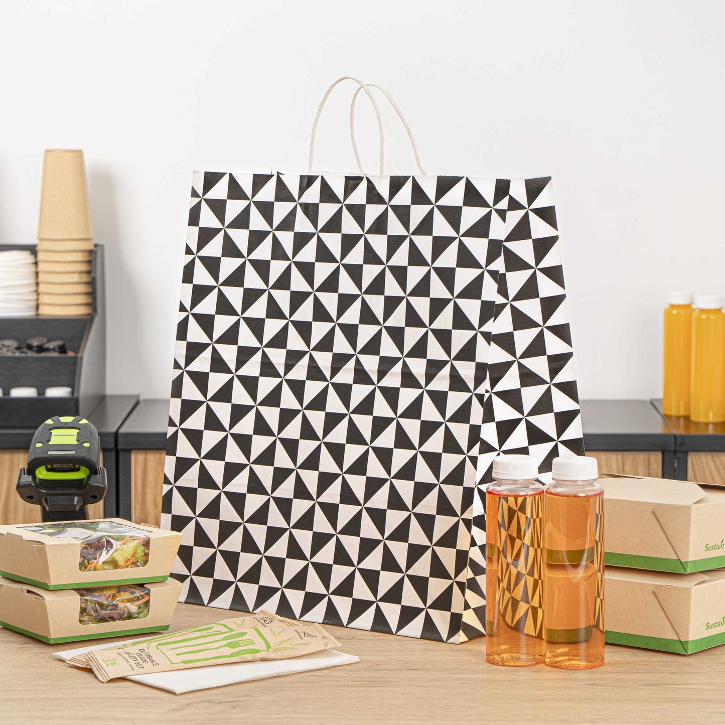 Vogue White Paper Large Shopping Bag - Black Geo Print, with Handles - 16" x 9 3/4" x 17 1/4" - 100 count box