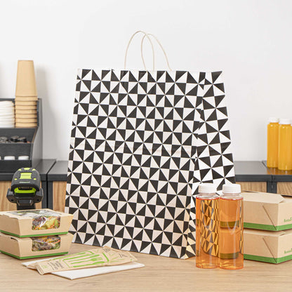 Vogue White Paper Large Shopping Bag - Black Geo Print, with Handles - 16" x 9 3/4" x 17 1/4" - 100 count box