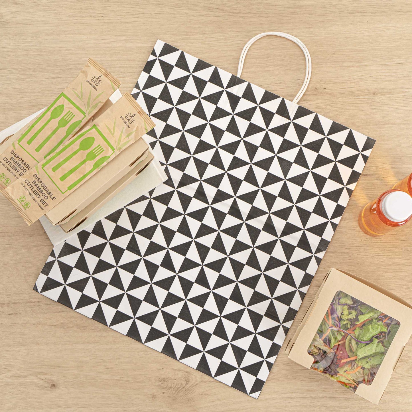 Vogue White Paper Large Shopping Bag - Black Geo Print, with Handles - 16" x 9 3/4" x 17 1/4" - 100 count box