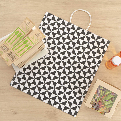 Vogue White Paper Large Shopping Bag - Black Geo Print, with Handles - 16" x 9 3/4" x 17 1/4" - 100 count box
