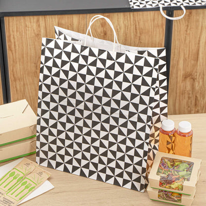 Vogue White Paper Large Shopping Bag - Black Geo Print, with Handles - 16" x 9 3/4" x 17 1/4" - 100 count box