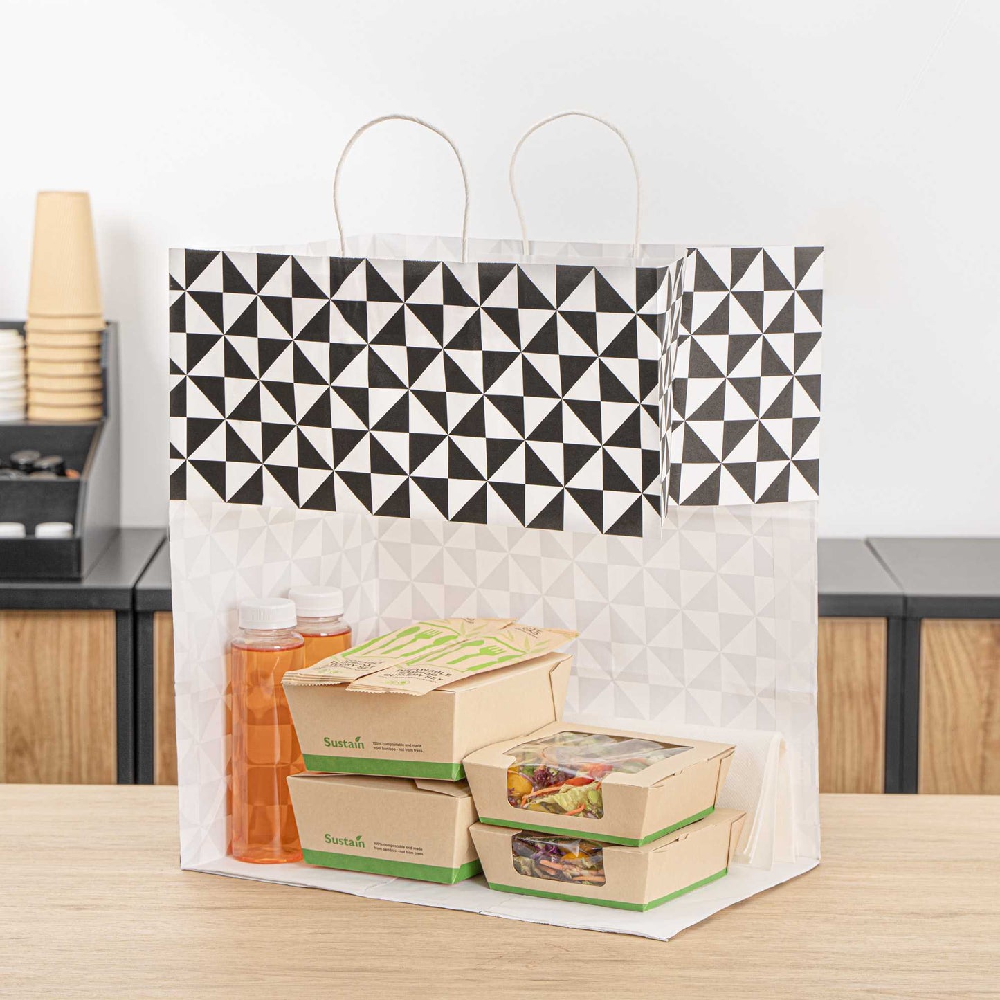 Vogue White Paper Large Shopping Bag - Black Geo Print, with Handles - 16" x 9 3/4" x 17 1/4" - 100 count box